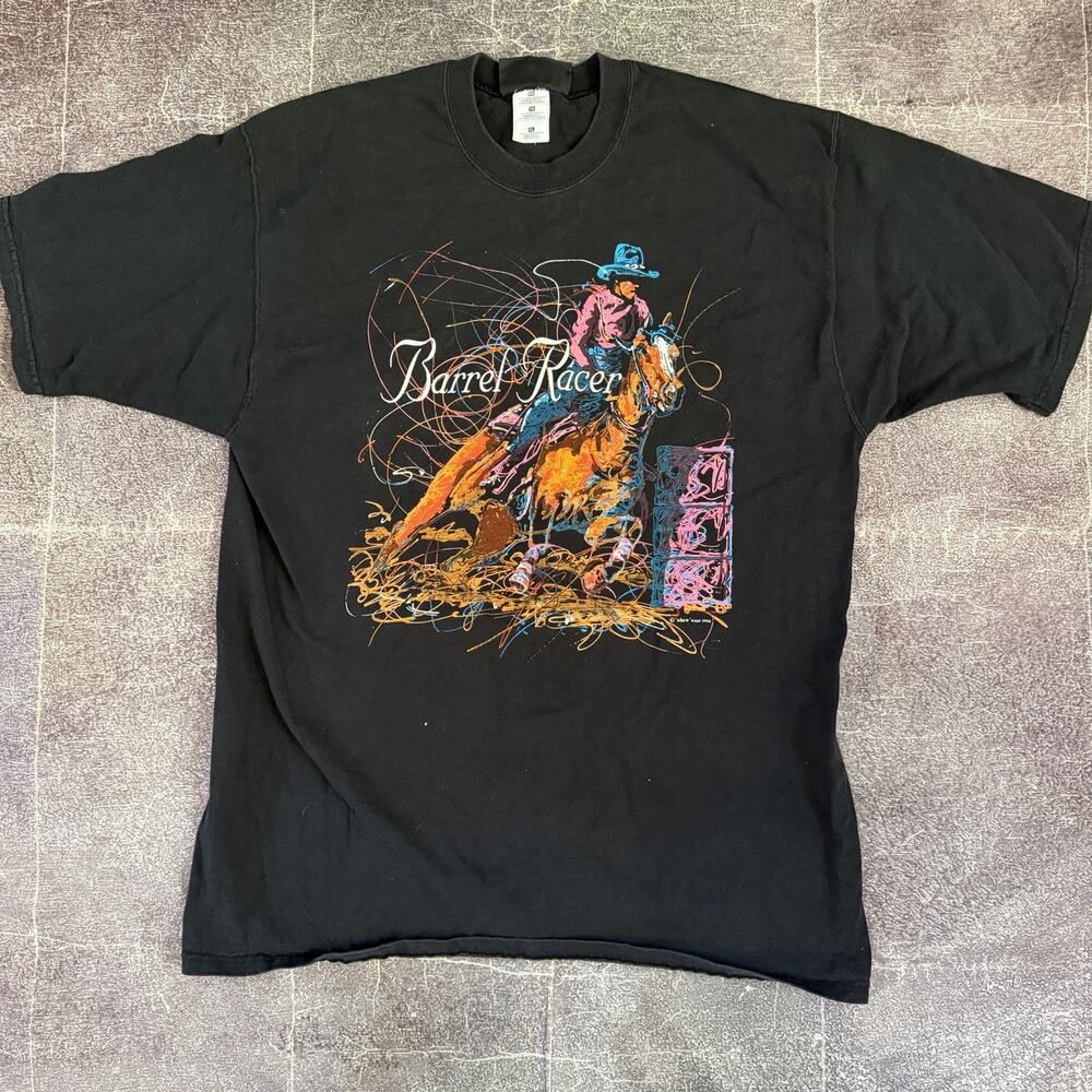 Men's Vintage 90's Barrel Racing Rodeo Competitor Black Horse T Shirt Tee Sz XL